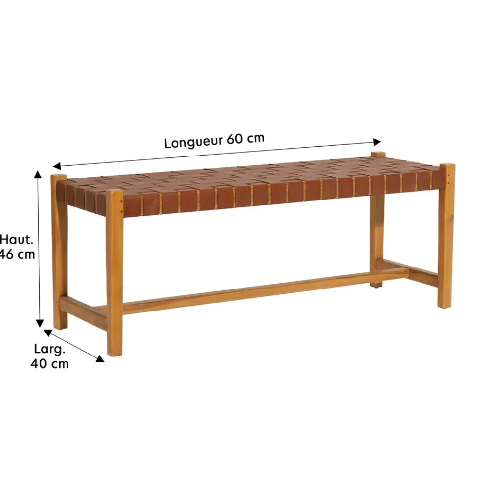 Becquet Banc en teck assise en cuir< Meuble, Étagère|Décoration