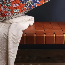 Becquet Banc en teck assise en cuir< Meuble, Étagère|Décoration