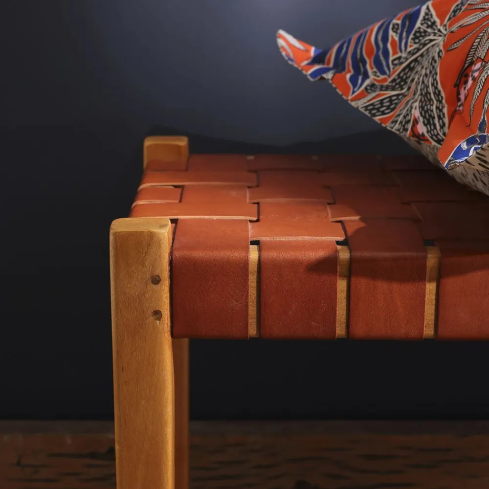 Becquet Banc en teck assise en cuir< Meuble, Étagère|Décoration