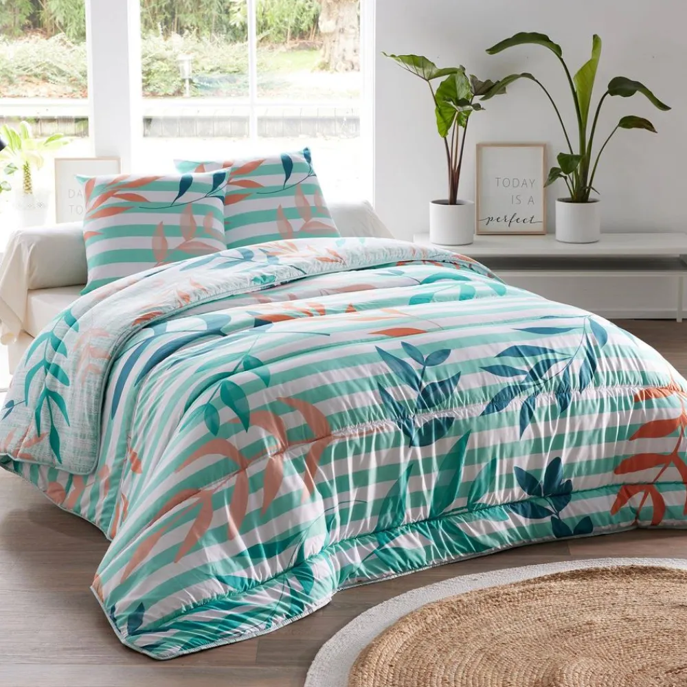 Becquet Couette DÉCO DOUBLE FACE motif feuilles et rayures - création - légère ou chaude< Couette Colorée, Couette Imprimée|Couette, Édredon, Plumon