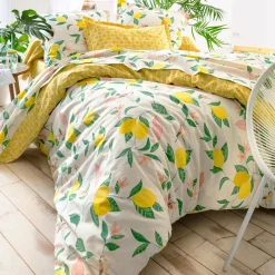 Becquet Linge de lit motif citrons et oiseaux – CRÉATION< Housse De Couette|Linge De Lit Fantaisie, Linge De Lit Brodé