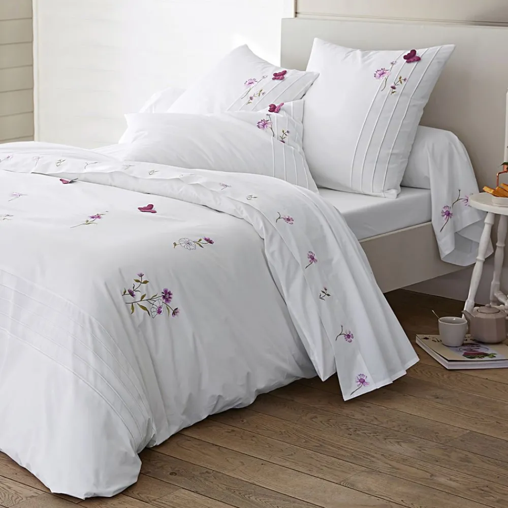 Becquet Linge de lit percale brodée fleurs et papillons - CRÉATION<Enfant Linge De Lit Ado, Housse De Couette|Housse De Couette