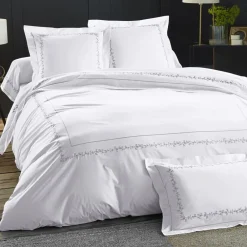 Becquet Linge de lit percale fleurs brodées et torsades - CRÉATION< Housse De Couette