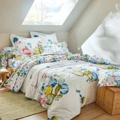 Becquet Linge de lit percale fleurs et feuilles de nénuphars multicolores< Housse De Couette|Linge De Lit Fantaisie, Linge De Lit Brodé