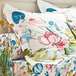 Becquet Linge de lit percale fleurs et feuilles de nénuphars multicolores< Housse De Couette|Linge De Lit Fantaisie, Linge De Lit Brodé