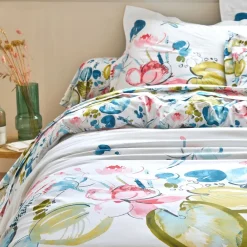 Becquet Linge de lit percale fleurs et feuilles de nénuphars multicolores< Housse De Couette|Linge De Lit Fantaisie, Linge De Lit Brodé