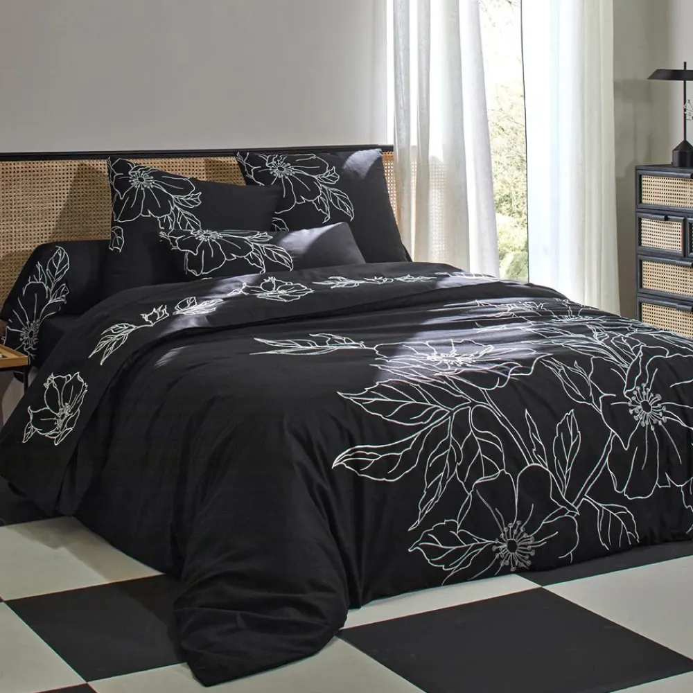 Becquet Linge de lit percale grandes fleurs brodées - CRÉATION< Les Matières|Housse De Couette