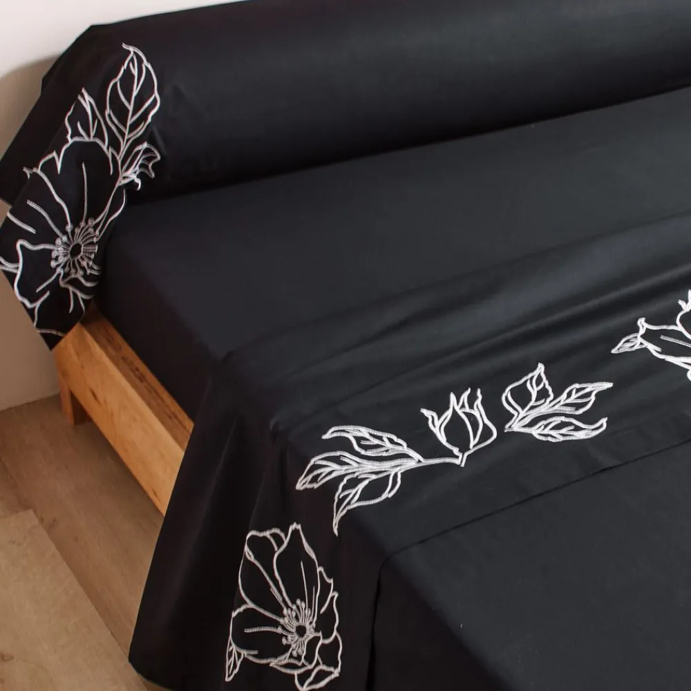 Becquet Linge de lit percale grandes fleurs brodées - CRÉATION< Les Matières|Housse De Couette