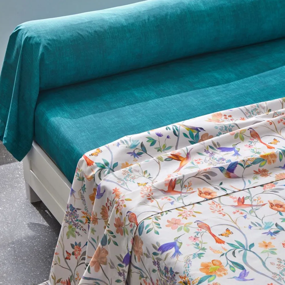 Becquet Linge de lit percale imprimé fleurs et oiseaux - CRÉATION< Housse De Couette|Linge De Lit Fantaisie, Linge De Lit Brodé