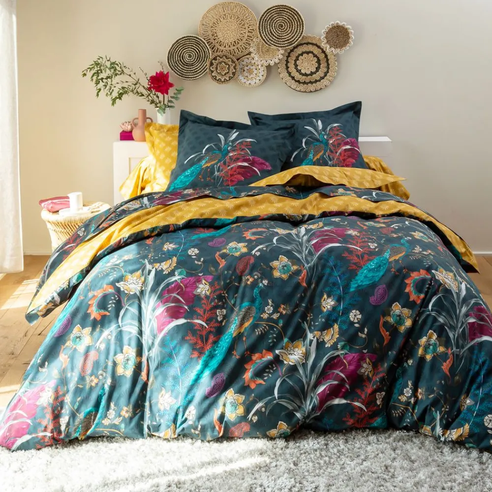 Becquet Linge de lit percale motif fleurs et paons - CRÉATION< Les Matières|Housse De Couette