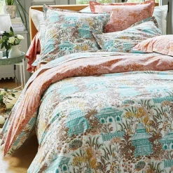 Becquet Linge de lit percale motif kiosque et feuillage - CRÉATION< Housse De Couette|Linge De Lit Fantaisie, Linge De Lit Brodé