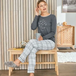 Becquet Pyjama femme jersey uni et carreaux<Femme Pyjama Femme|Les Matières