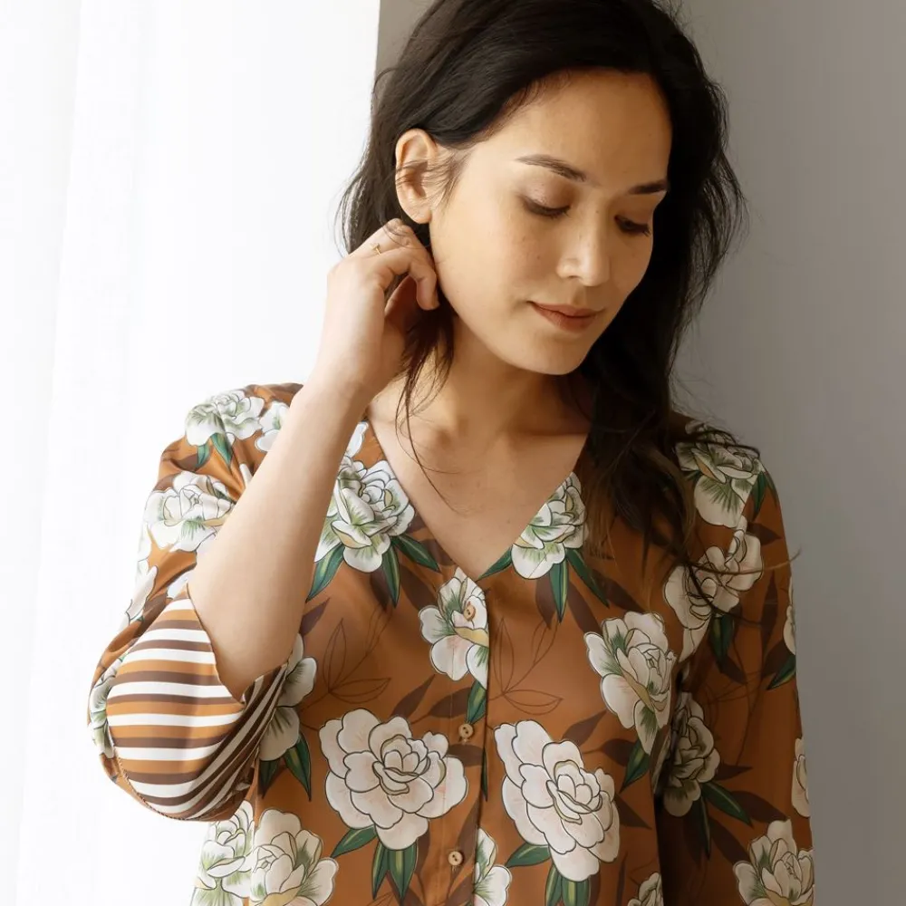 Becquet Pyjama femme satin fleurs japonaises - CRÉATION<Femme Pyjama Femme|Pyjama, Liquette, Nuisette