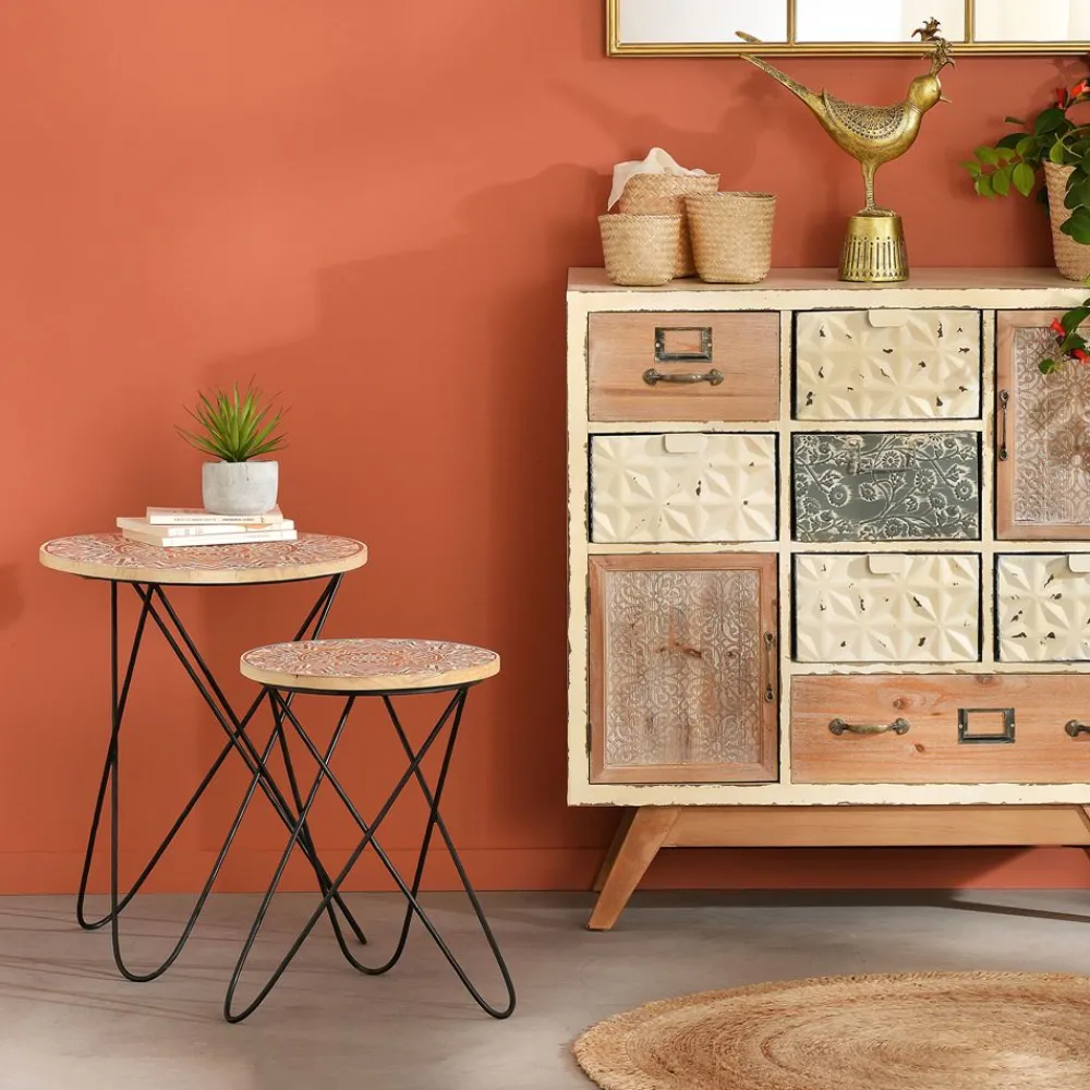 Becquet Table d'appoint bois et métal décorée< Meuble, Étagère|Décoration