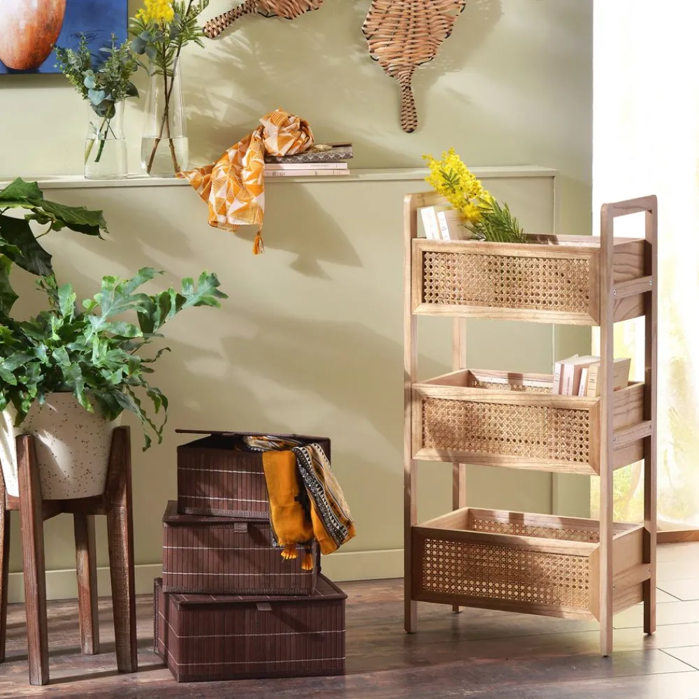 Becquet Étagère 3 casiers en bois et rotin< Rangement, Gain De Place|Meuble, Étagère